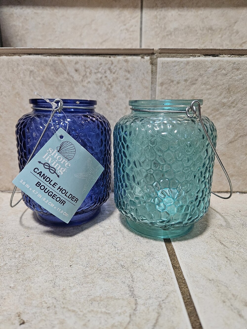 Blue glass candle holders with metal handles #candleholder #shabbychic #coastal